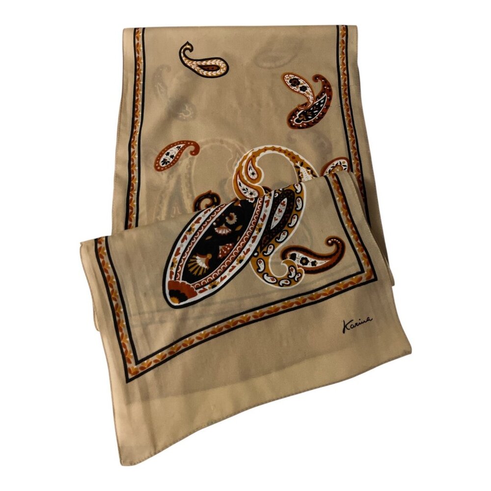 Vintage Karina Paisley Scarf – Tan, Brown & Black Rectangular Neck Scarf - Picture 2 of 8